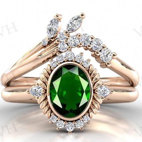 Art Deco Chrome Diopside Engagement Ring Set For Women Vintage Green Gemstone shops Wedding Ring Set Antique 2pcs Bridal Anniversary Gift For Her