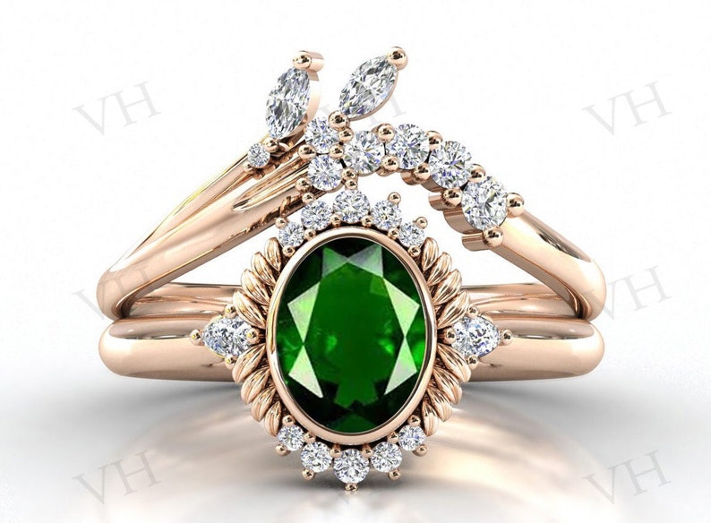Art Deco Chrome Diopside Engagement Ring Set For Women Vintage Green Gemstone shops Wedding Ring Set Antique 2pcs Bridal Anniversary Gift For Her