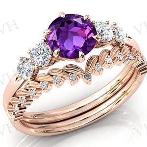 Vintage Amethist verlovingsring set 14k gouden Amethist trouwring set Art Deco blad trouwring antieke 2pcs bruids ring set voor vrouwen