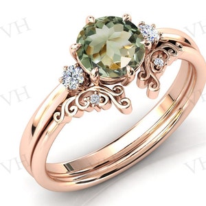 Green Amethyst Engagement Ring Set For Women Art Deco Green Amethyst Wedding Ring Set 14k Gold Filigree Wedding Band Antique Bridal Ring Set