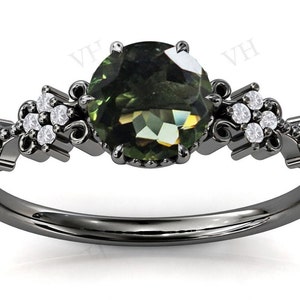 Vintage Moldavite Engagement Ring Black Metal Engagement Ring 14k Gold Moldavite Wedding Ring Art Deco Bridal Anniversary Ring For Women