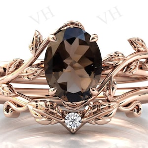 Vine Leaf Design Smoky Quartz Engagement Ring Set 14k Gold Brown Quartz Wedding Ring Set Art Deco Smoky Quartz Bridal Ring Set For Women