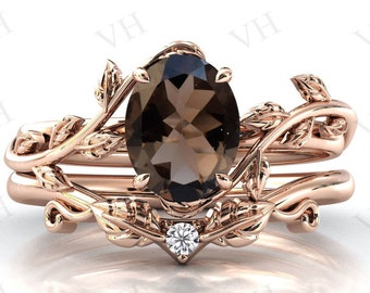 Vine Leaf Design Smoky Quartz Engagement Ring Set 14k Gold Brown Quartz Wedding Ring Set Art Deco Smoky Quartz Bridal Ring Set For Women