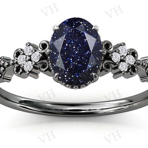 Galaxy Blue Sandstone Wedding Ring Antique Blue Sandstone Bridal Anniversary Ring Art Deco Black Metal Ring For Women Black Engagement Rings