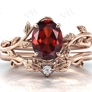Vintage Granat Verlobungsring Set Art Deco Blatt Design Ehering Set 2 Stk Antik Braut Jubiläum Ring Set Unikat Versprechen Ring Set