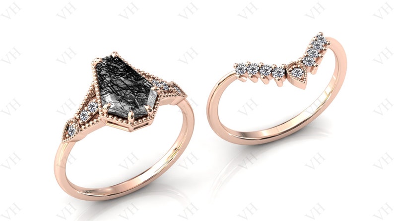 Art Deco Coffin Shaped Black Rutile Engagement Ring Set Vintage Black Rutilated Quartz Ring Set 925 Silver Rutile Antique Wedding Ring Set image 9