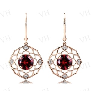 Natural Red Garnet Earrings For Women Art Deco Lotus Wedding Earrings Antique Style Earrings 14k Gold Garnet Gemstone Earring Gift For Women