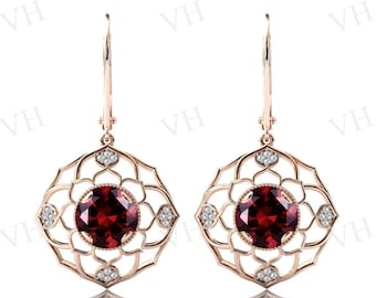 Natural Red Garnet Earrings For Women Art Deco Lotus Wedding Earrings Antique Style Earrings 14k Gold Garnet Gemstone Earring Gift For Women