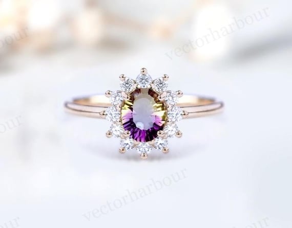 Bio Color Ametrine Halo Engagement Ring Vintage Ametrine Wedding Ring Art Deco Bridal Anniversary Ring Unique Engagement Ring Gift For Women