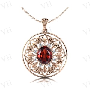 Colgante granate rojo para mujeres antiguo estilo floral colgante de boda estilo art deco colgante de aniversario para mujeres corte ovalado granate Nacklace
