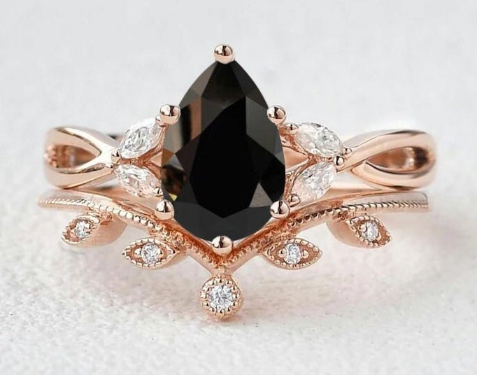 Vintage Black Onyx Wedding Ring Set Antique Art Deco Black Onyx Engagement Ring Set 14k Gold Black Onyx Bridal Promise Ring Set For Women