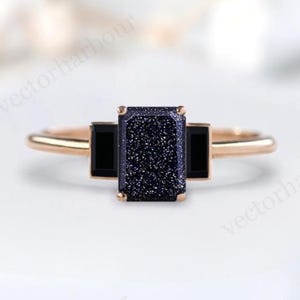 Galaxy Blue Sandstone Engagement Ring Emerald Cut Blue Sandstone Wedding Ring Unique Multi Gemstone Ring Vintage Bridal Anniversary Ring