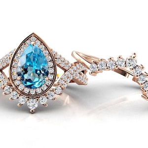 Conjunto de anillo de compromiso de topacio azul suizo conjunto de anillo nupcial de topacio único conjunto de anillo de boda de topacio azul vintage conjunto de anillo de promesa de topacio azul art déco