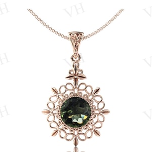 Vintage Moldavite Pendant For Women Antique Filigree Style Wedding Pendant Rose Gold Pendant Moldavite Gemstone Pendant Necklace For Her