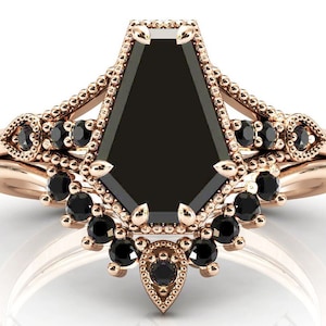 Art Deco Coffin Shaped Black Onyx Engagement Ring Set 14k Gold Vintage Black Onyx Antique Wedding Ring Set Anniversary Ring Set Gift For Her