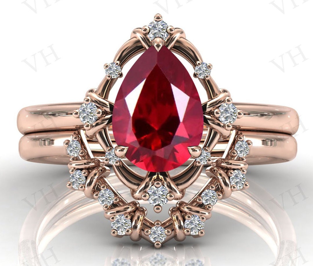 Pear Shaped Ruby Engagement Ring Set 14k Rose Gold Unique Ruby Wedding