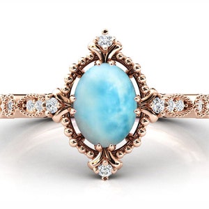 Unique Larimar Engagement Ring Oval Cut Larimar Wedding Ring Art Deco Bridal Anniversary Ring 14k Rose Gold Larimar Promise Ring For Women