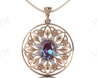 Vintage Alexandrite Pendant For Women Art Deco Floral Pendant Antique Wedding Pendant Unique Anniversary Gift For Women Rose Gold Pendant