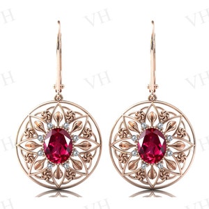 Antique Ruby Earrings Vintage Floral Wedding Earrings For Women Rose Gold Earrings Art Deco Style Earrings 925 Silver Ruby Gemstone Earrings