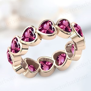 Raspberry Rhodolite Garnet Eternity Band Heart Shaped Garnet Wedding Band Bezel Set Full Eternity Band Unique Wedding Band Anniversary Gift
