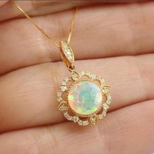 Natural Opal Pendant For Women Round Shaped Opal Wedding Pendant Antique Opal Halo Style Pendant Unique Statement Pendant Art Deco Necklace