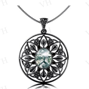 Vintage Moss Agate Pendant For Women Antique Floral Design Pendant 925 Silver Art Deco Moss Agate Wedding Pendant Green Gemstone Pendant