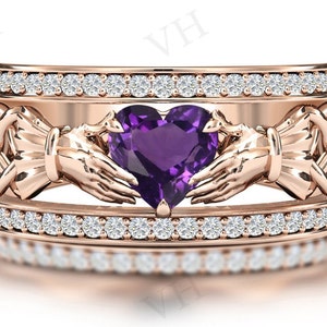 Vintage Amethyst Engagement Ring For Women Unique Claddagh Style Ring 14k Gold Art Deco Claddagh Wedding Ring Antique Bridal Promise Ring