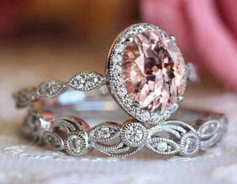 Morganite Halo Engagement Ring Set Unique Art Deco Morganite Wedding Promise Ring Set 14k Gold Milgrain Style Bridal Anniversary Ring Set
