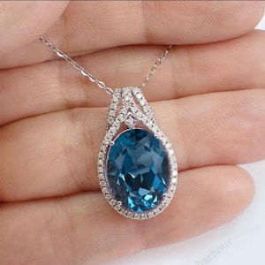 11Ct London Blue Topaz Pendant For Women Rose Gold Halo Pendant Unique Blue Gemstone Wedding Pendant Vintage Halo Style Pendant Gift For Her