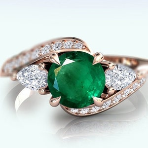Vintage Emerald Engagement Ring Art Deco Emerald Bridal Ring Unique Emerald Promise Ring 14k Rose Gold Emerald Wedding Ring For Women