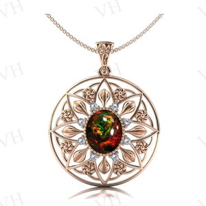 Vintage Black Opal Pendant For Women Art Deco Floral Wedding Pendant 925 Sterling Silver Pendant Oval Cut Gemstone Pendant Handmade Pendant