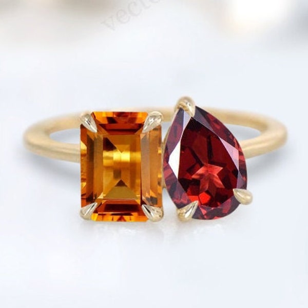 Maderia Citrine Engagement Ring For Women 14k Gold Garnet Cluster Ring Unique Multi Gemstone Ring Vintage Cluster Wedding Ring Gift For Her