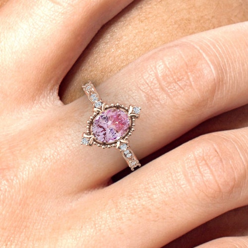 Vintage Pink Sapphire Engagement Ring Oval Shaped Pink Sapphire Wedding Ring For Women Pink Gemstone Ring Art Deco Bridal Anniversary shops Gift