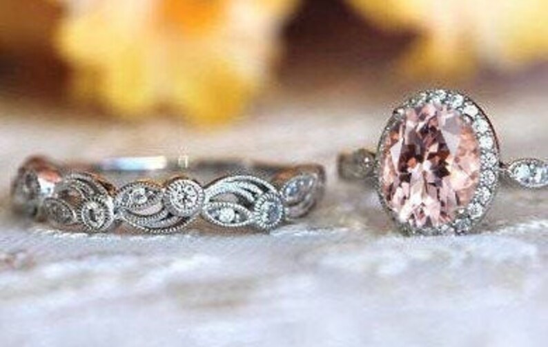 Morganite Halo Engagement Ring Set Unique Art Deco Morganite Wedding Promise Ring Set 14k Gold Milgrain Style Bridal Anniversary Ring Set