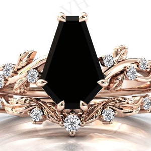 Vine Leaf Design Black Onyx Engagement Ring Set Coffin Shaped Onyx Wedding Ring Set Art Deco 2 Piece Bridal Anniversary Ring Set For Women