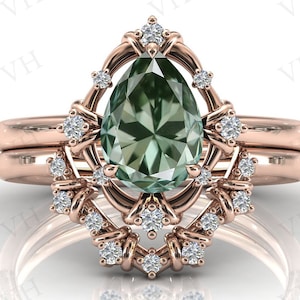 Mint Color Green Amethyst Engagement Ring Set Pear Shaped Green Amethyst Wedding Ring Set Vintage 2 Pcs Bridal Anniversary Ring Set For Her