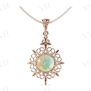 Natural Opal Pendant For Women Art Deco Filigree Style Wedding Pendant Rose Gold Antique Opal Bridal Pendant Unique Anniversary Gift For Her