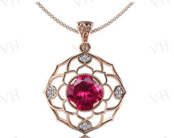 Vintage Ruby Pendant Art Deco Lotus Wedding Pendant Antique Style Pendant For Women Unique Red Gemstone Pendant Anniversary Gift For Women