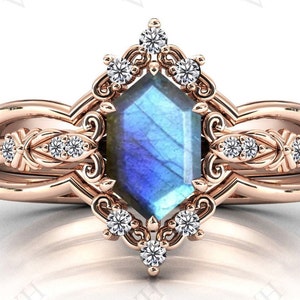 Hexagon Shaped Labradorite Engagement Ring Set 3 Piece Art Deco Wedding Ring Set Antique Bridal Promise Ring Set Anniversary Gift For Women