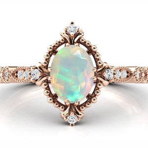 14k Rose Gold Opal Wedding Ring Art Deco Opal Engagement Ring Vintage Bridal Anniversary Ring Unique Opal Promise Ring For Women