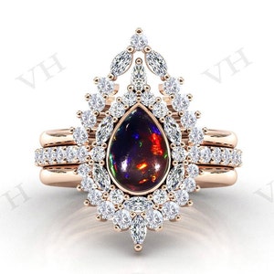 Pear Shaped Black Opal Engagement Ring Set For Women Art Deco Halo Wedding Ring Set 14k Gold Black Opal 3 Pcs Bridal Ring Set Gift For Women