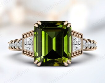 Vintage Grüner Turmalin Ehering Art Deco Brautring Smaragdschliff Edelstein Ring Antik Grüner Turmalin Verlobungsring Geschenk für Frauen