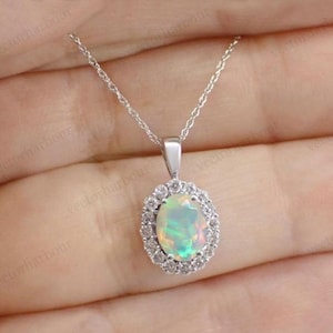 Art Deco Opal Pendant For Women 14k Gold Opal Handmade Pendant Vintage Opal Wedding Pendant Unique Halo Moissanite Pendant Anniversary Gift