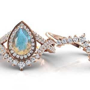 Art Deco Labradorite Engagement Ring Set 14k Gold Fire Labradorite Wedding Ring Set Unique Bridal Anniversary Ring Set Promise Gift For Her
