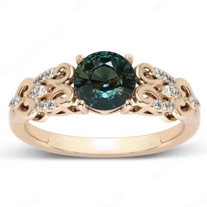 Color Changing Teal Sapphire Engagement Ring 925 Silver Teal Sapphire Wedding Ring Antique Filigree Engagement Ring Vintage Art Deco Ring