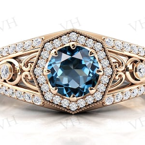 Vintage London Blue Topaz Engagement Ring For Women Art Deco Wedding Ring 14k Blue Topaz Wedding Bridal Anniversary Promise Ring For Women