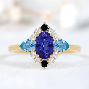 Vintage Tansanit Ring für Frauen 925 Silber Multi Edelstein Ring Vintage Himmel Blau Topas Cluster Ring Art Deco Schwarz Onyx Ring Geschenk für Frauen