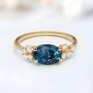 East West London Blue Topaz Engagement Ring Antique Dainty Bridal Ring 14k Rose Gold Blue Topaz Wedding Ring Unique Anniversary Promise Ring