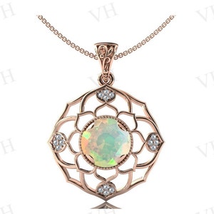 Art Deco Opal Pendant For Women Antique Lotus Style Wedding Pendant Rose Gold Pendant Opal Gemstone Pendant Unique Anniversary Gift For Her
