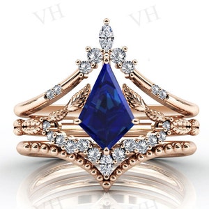 Antique Kite Shaped Blue Sapphire Engagement Ring Set 14k Gold Leaf Design Wedding Ring Set Vintage Blue Sapphire Bridal Promise Ring Set